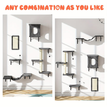 Cat Wall Shelves 5-Piece Set - Wall-Mounted Cat Furniture with Floating Perch, Cat Climber, Bridge & Cat Bed, Modern Cat Tree Alternative for Indoor Cats, Black / Grey / Beige