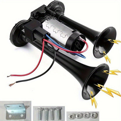 Dual Air Horn Kit 12V/24V 105-137dB with Air Compressor - Super Loud Aluminum Alloy Trumpet Horn for Truck, Train, SUV, Motorcycle, Car & Boat, Universal Electric Horn Easy Install
