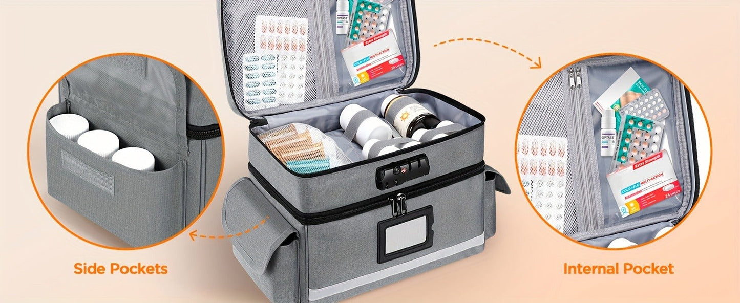 Lockable Medicine Organizer Bag with Combination Lock, Double-Layer Large Capacity Pill Bottle Storage Case for Prescription Bottles First Aid Supplies Home Travel, Portable Medication Carry Bag Red Grey Black