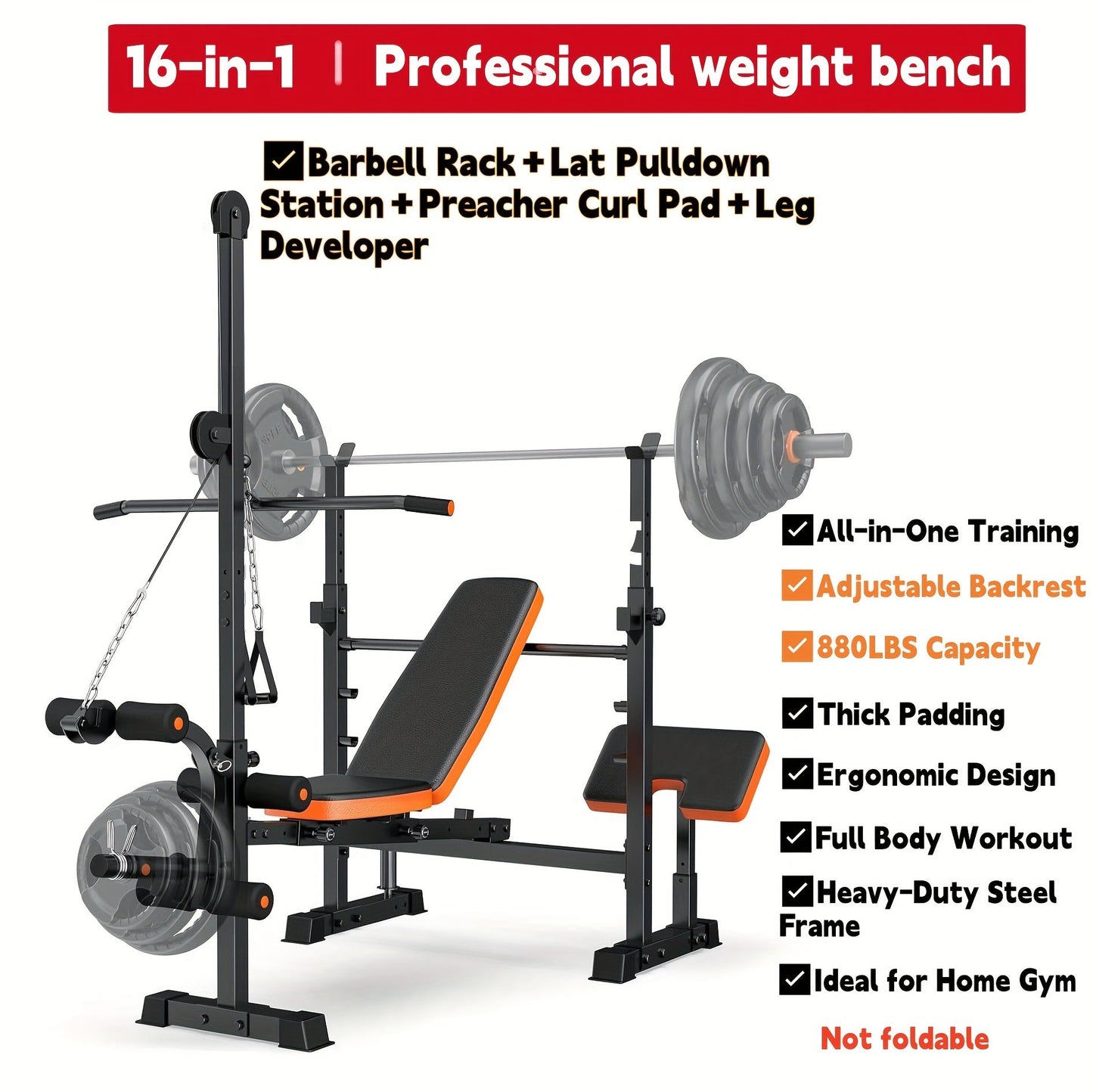 Adjustable Weight Bench 6-in-1 Foldable – Flat Incline Decline, Resistance Bands, Preacher Curl & Leg Developer, 770lb Capacity – Home Gym Strength Training Bench