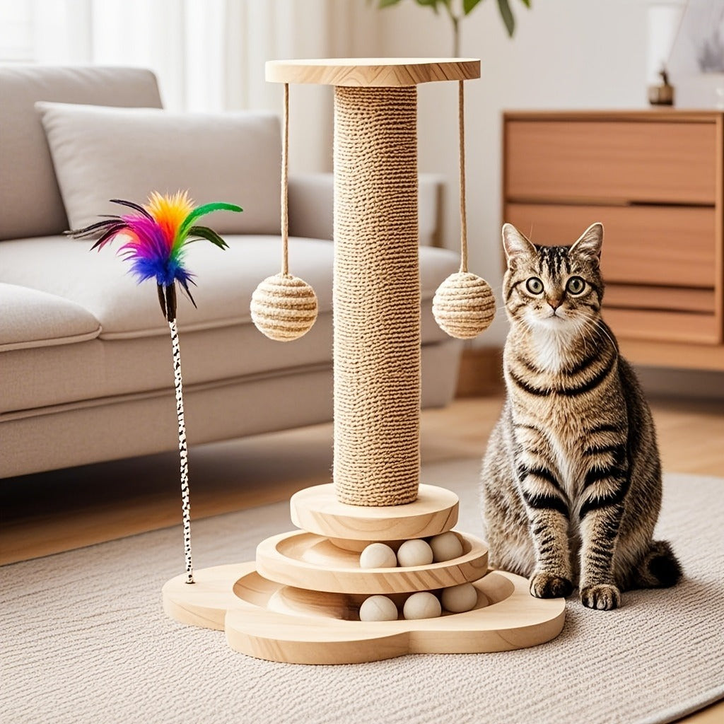 Cat Scratching Post Sisal Vertical Scratcher – Solid Wood Base, Wear-Resistant Rope, Multiple Styles: Standard, Mushroom & Dolphin Shapes, Sizes S/M/L, Cat Climbing Frame with Teaser Wand
