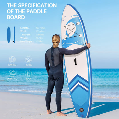 SUP Board 6 Inch Thick 120"x30" – Inflatable Stand Up Paddle Board 375lbs, 2+1 Fin Setup, Full Accessories Kit for Adults Youth Fishing Yoga Surfing Kayak