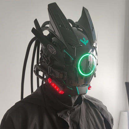 LED Cyberpunk Samurai Mask with Braids – Futuristic Sci-Fi Mechanical Face Mask for Halloween, Cosplay, Music Festival & Rave Party, Blue Green Pink, Free Helmet Included, Adult Gift