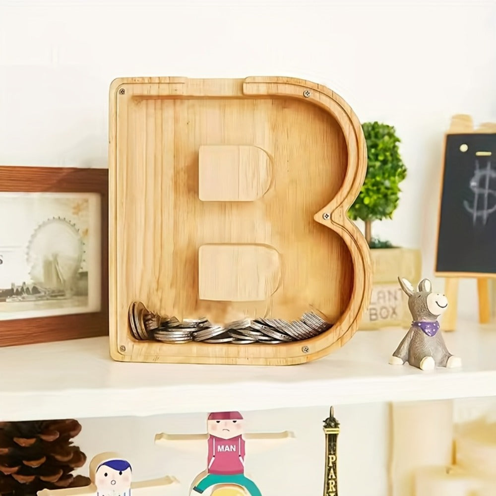 Personalized Wooden Piggy Bank for Kids – A-Z Alphabet Letter Initial Coin & Bill Savings Bank for Boys & Girls, Toddlers to Big Kids | Birthday Christmas Baby Shower Gift | Financial Literacy Toy & Room Decor