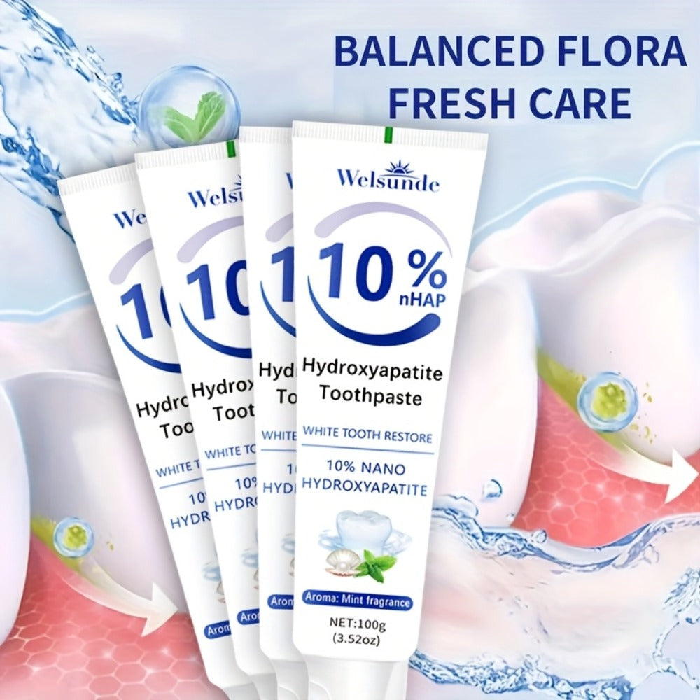 Hydroxyapatite Toothpaste 4-Pack – 10% Nano Formula with Baking Soda, Deep Cleaning & Whitening Gel, Mint Fresh Breath, Fluoride-Free Daily Oral Care for Everyone, Home & Travel Sleek Tube Design (400g)