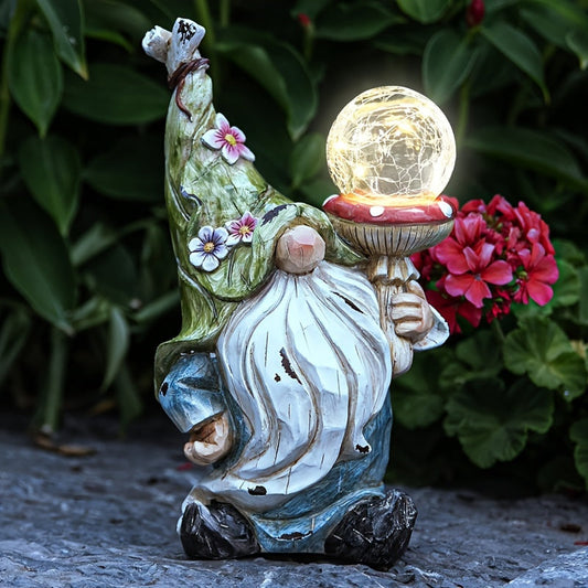 Solar Garden Gnome Statue with LED Magical Ball Light Outdoor Resin Dwarf Sculpture IP44 Waterproof Spring Yard Patio Decor Housewarming Gift