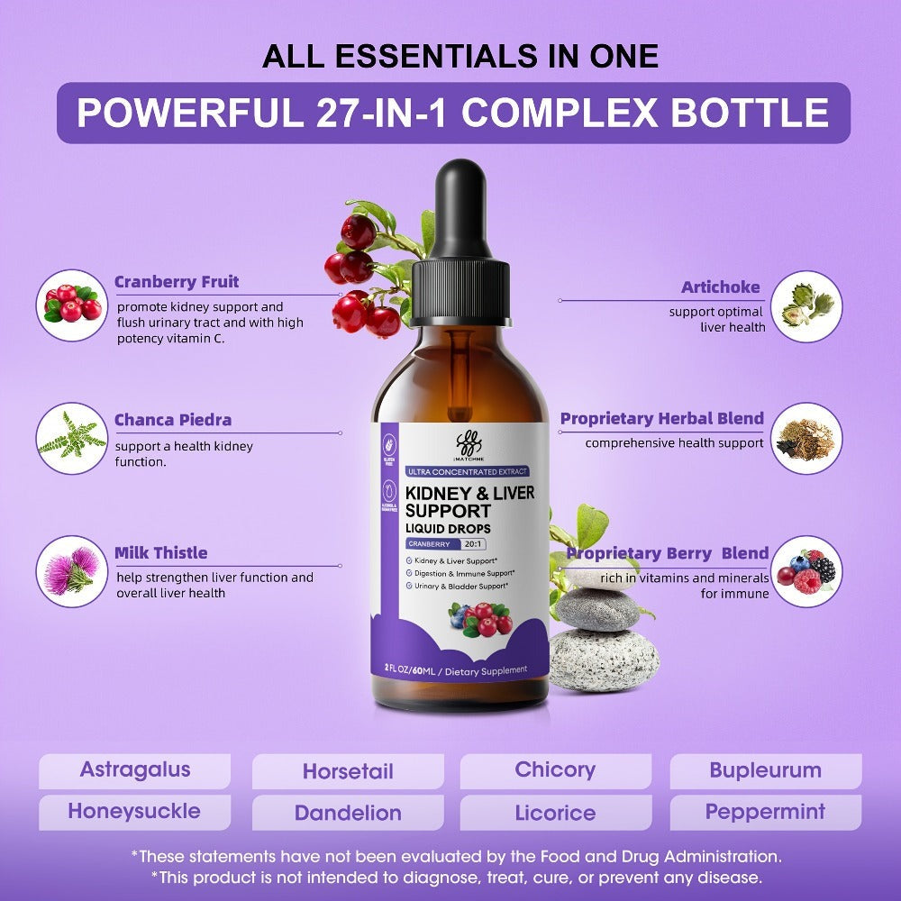 Kidney and Liver Support Drops 27-in-1 Complex - Alcohol-Free Natural Herbal Formula for Liver Health, Kidney Cleanse & Balanced Wellness - 1, 2 or 3 Bottles