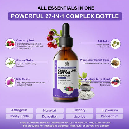 Kidney and Liver Support Drops 27-in-1 Complex - Alcohol-Free Natural Herbal Formula for Liver Health, Kidney Cleanse & Balanced Wellness - 1, 2 or 3 Bottles