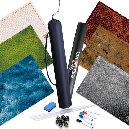 DnD Battle Map 3 Pack 24x36 Inch Dry Erase – Double-Sided 6 Terrain Grid Mats with Dice Accessories & Shoulder Bag, 1 Inch Grids for D&D 5e Pathfinder TRPG Tabletop RPG, Dungeon Master Gift