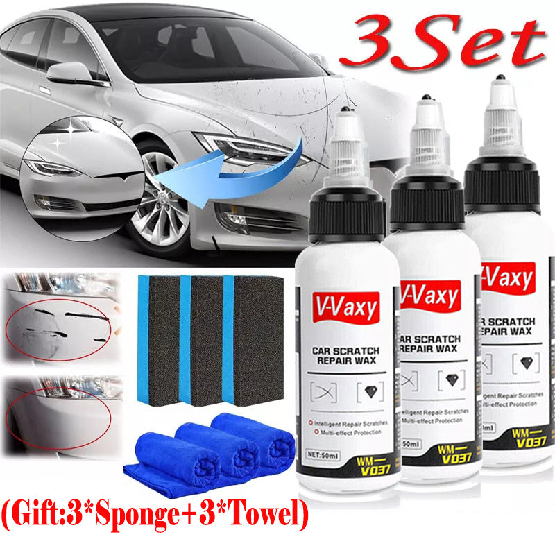 3Sets V-Vaxy Car Scratch Repair Wax - Professional Car Scratch Remover, Car Paint Scratch Repair, Car Polish, Deep Scratch Repair, Long-Lasting Results, Easy Application, Universal Fit For All Vehicles (3*Paint+3*Sponge+3*Towel)