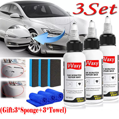 3Sets V-Vaxy Car Scratch Repair Wax - Professional Car Scratch Remover, Car Paint Scratch Repair, Car Polish, Deep Scratch Repair, Long-Lasting Results, Easy Application, Universal Fit For All Vehicles (3*Paint+3*Sponge+3*Towel)