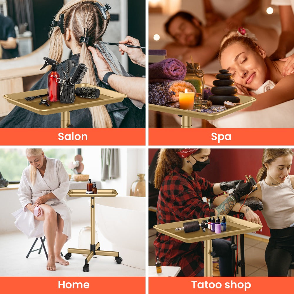 Rolling Salon Tray Cart on Wheels Adjustable Height 17.9x12.8 Inch Mobile Stylist Tray Table for Spa Tattoo Studio Blowdry Bar Aesthetic Clinic Bronze Pink