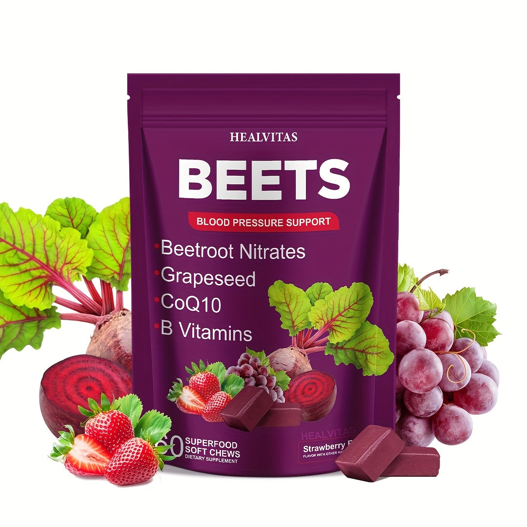 Beet Root Gummies for Blood Pressure & Heart Health with CoQ10 Vitamin B12 B6 Grapeseed Extract — Chewable SuperBeets Blood Flow Booster Nitric Oxide Supplement for Men Women 1 2 3 Pack