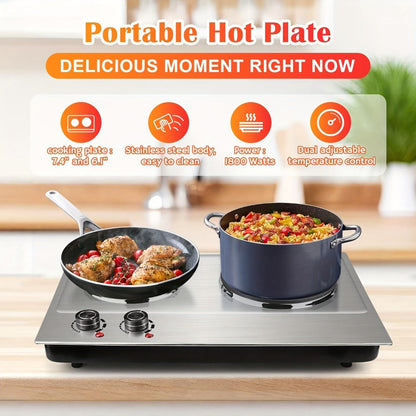 Hot Plate Electric Burner with Temperature Control – Dual Size Coil Burners 7.4in & 6.1in, Countertop Electric Stove for Daily Cooking, Dorm, Office & Travel, Multiple Colors Available