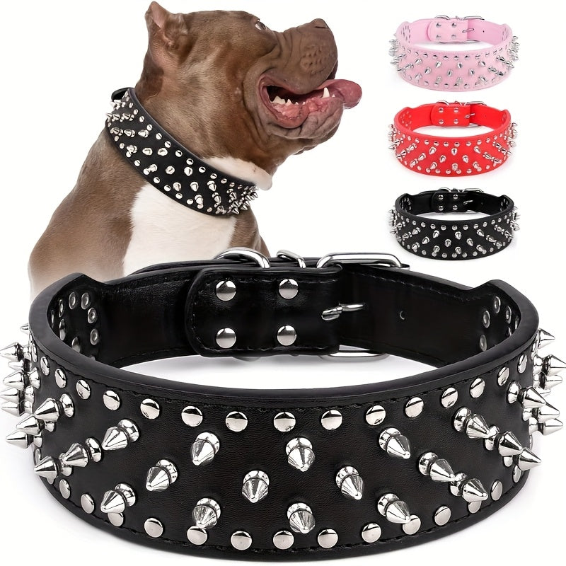 Spiked Dog Collar Faux Leather Mushroom Rivet Studded Adjustable Wide Punk Style for Pitbull Mastiff Bulldog Husky Rottweiler Medium Large Dogs M L 6 Colors