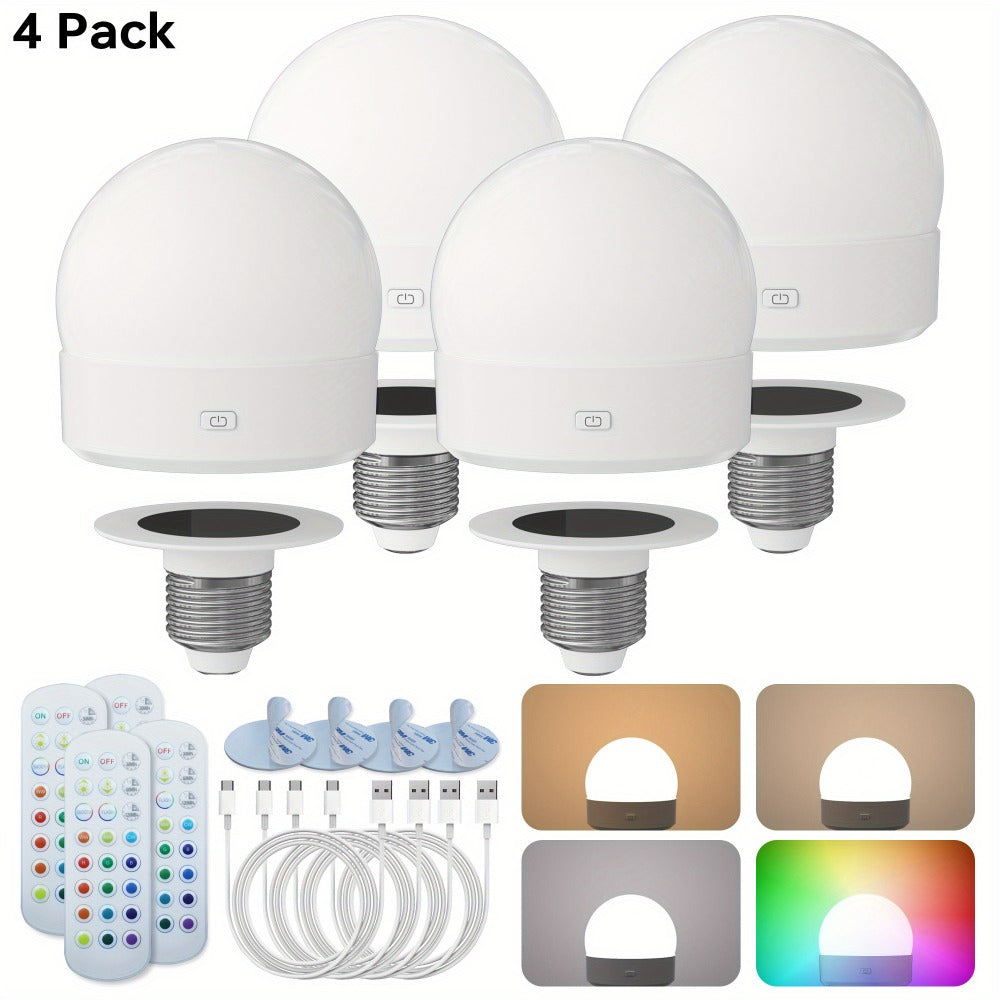 Rechargeable LED Light Bulb E26 3000mAh 400LM with Remote Control – USB Wireless Puck Light, 3 Color Temperatures, 12 RGB Colors, Timer, No Wiring for Lamps Closets Cabinets Indoor Lighting 4 Pack