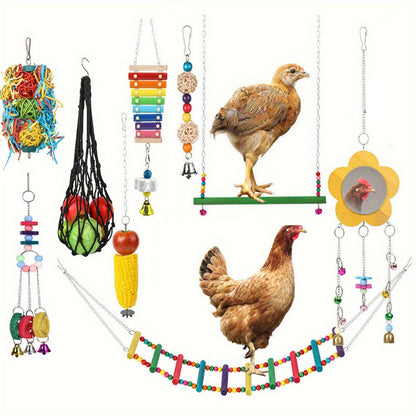 Chicken Coop Toys Set – Xylophone, Swing, Mirror, Step Ladder & Pecking Toys for Hens, Wood & Colorful Bead Enrichment Accessories for Backyard Chickens & Parrots, 5pcs or 9pcs