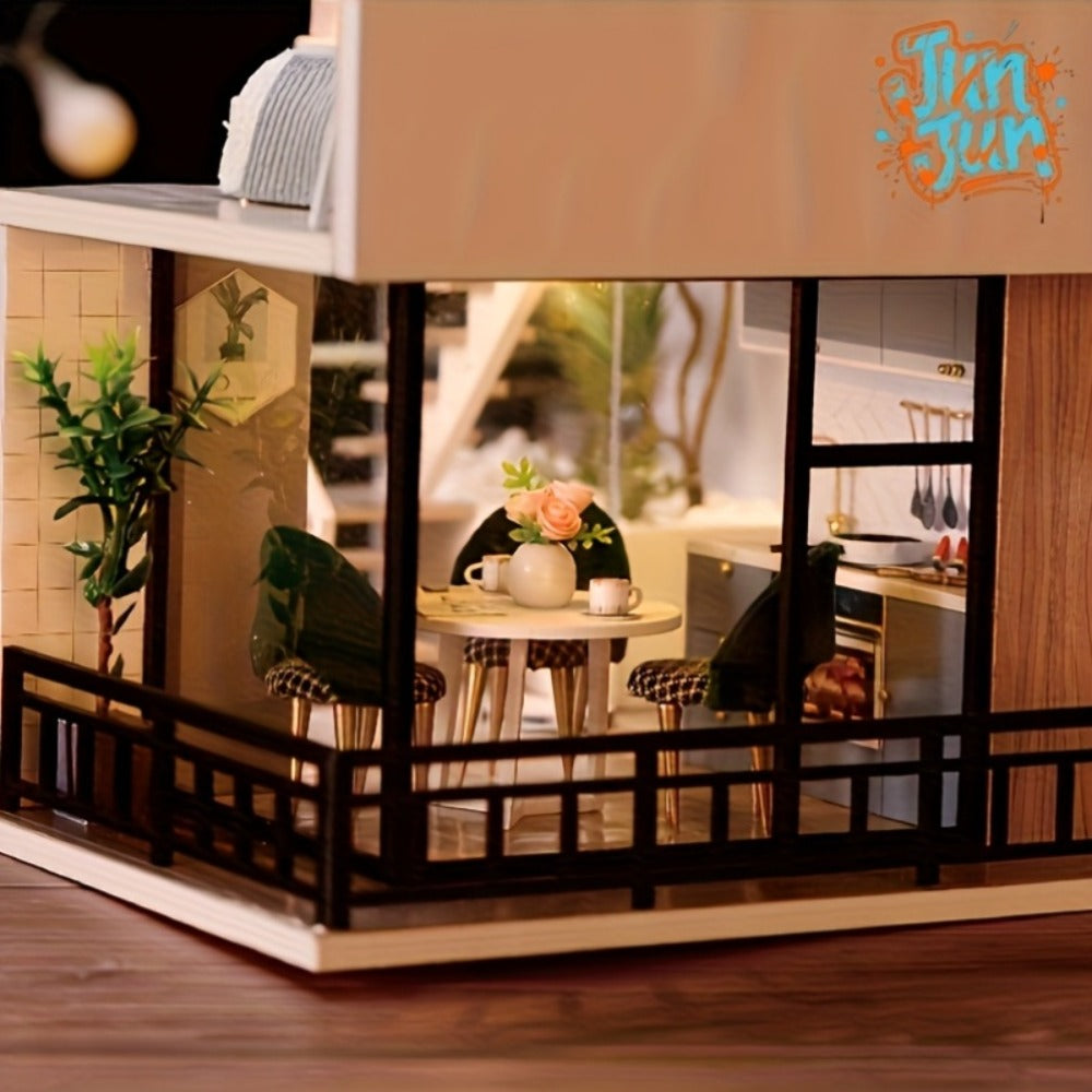Double Story Wooden Cottage 3D Puzzle Model Kit with Furniture & Tools – No Glue No Battery DIY Handmade Apartment House Assembly Relaxing Craft Gift for Adults Teens Men Women Birthday Holiday