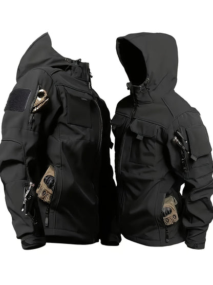 Men's Tactical Softshell Jacket - Hooded Multi-Pocket Windbreaker
