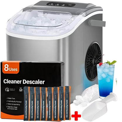 Pebble Ice Maker Countertop – 26 Lbs/24H, 2 Ice Cube Sizes, Sonic Bullet Ice Machine, Auto-Cleaning, Stainless Steel, Ice Scoop & Basket, Optional Descaler Kit for Home, Kitchen, Camping & RV