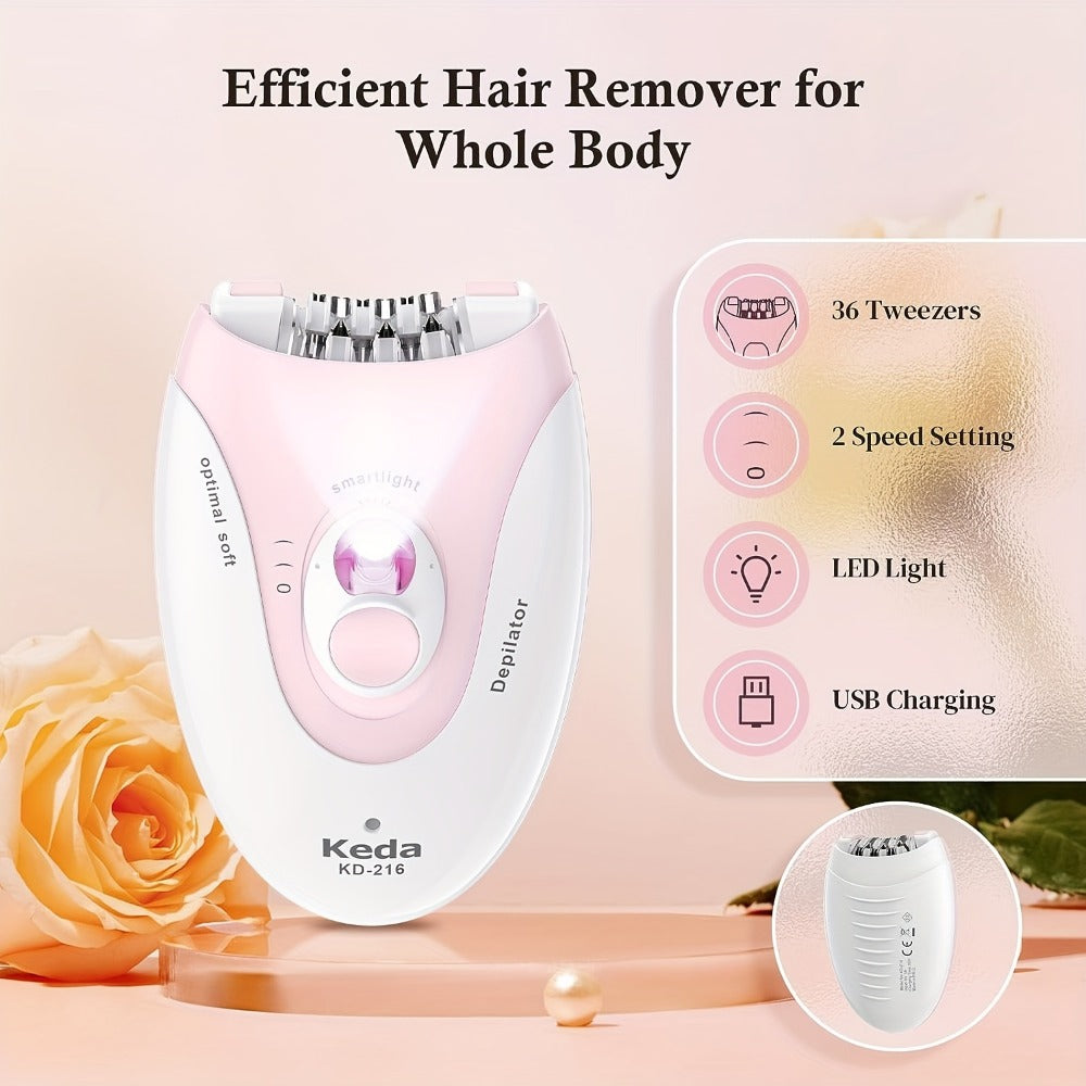 Electric Epilator for Women USB Rechargeable 2-Speed Painless Hair Removal – Stainless Steel Blades Cordless Portable Body Hair Remover for Legs Bikini Line Face, Ergonomic Pink Design, Gift for Her