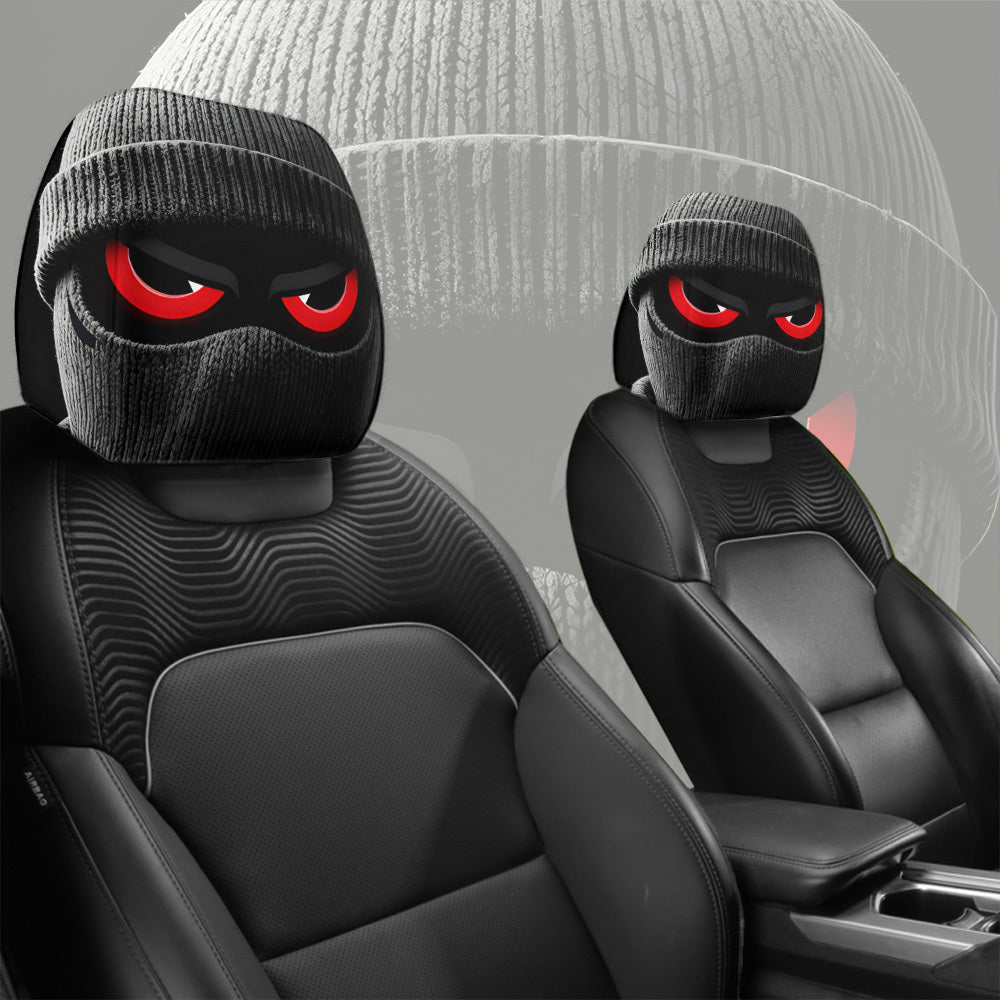 2pcs Red-Eyed Bandit Mask Car Headrest Covers, Knit, Unisex, No Stuffing, Easy to Install and Wash, Trendy Car Interior Decor for Friends Gathering and Road Trips, Unique and Fun Car Accessories