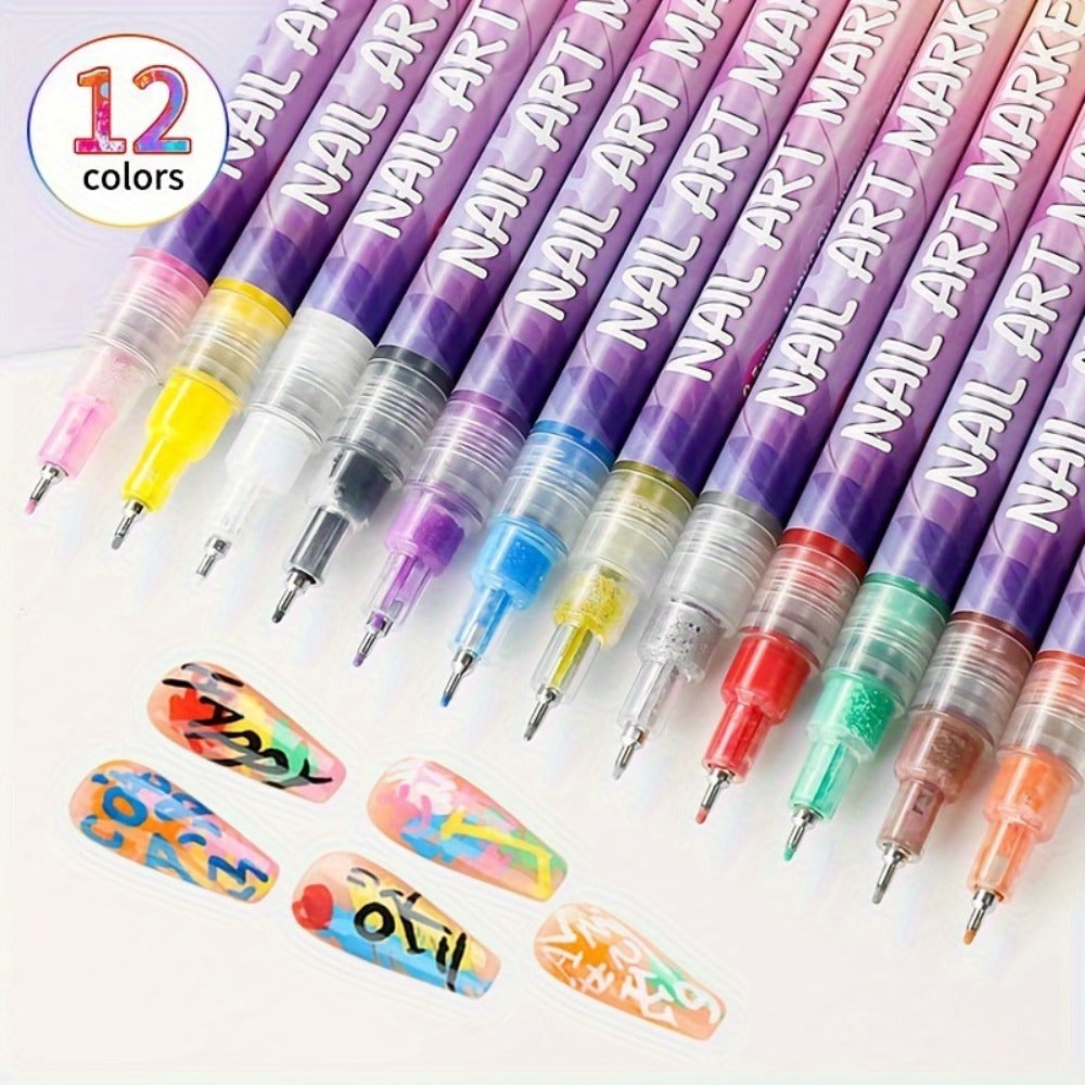 Nail Art Pens Set 12 Colors Quick Dry 3D Doodle Dot Stitching Nail Art Pen Kit - DIY Nail Design Tools for Home & Salon Use, Beginner & Professional Manicure Gift Set