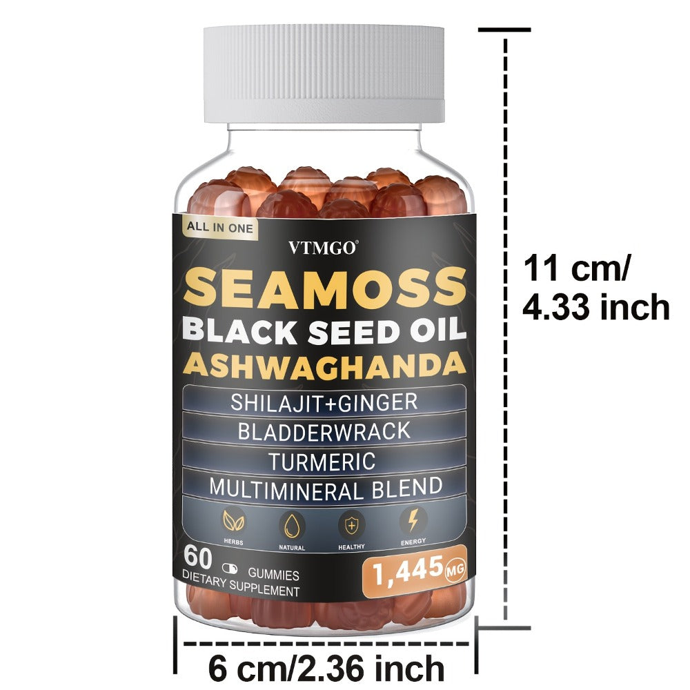 Sea Moss Gummies 1445mg with Shilajit Black Seed Oil Ashwagandha Elderberry Chlorophyll Turmeric Bladderwrack Ginger — 8-in-1 Antioxidant Superfood Supplement for Immunity Energy Gut Health & Wellness 60 Count
