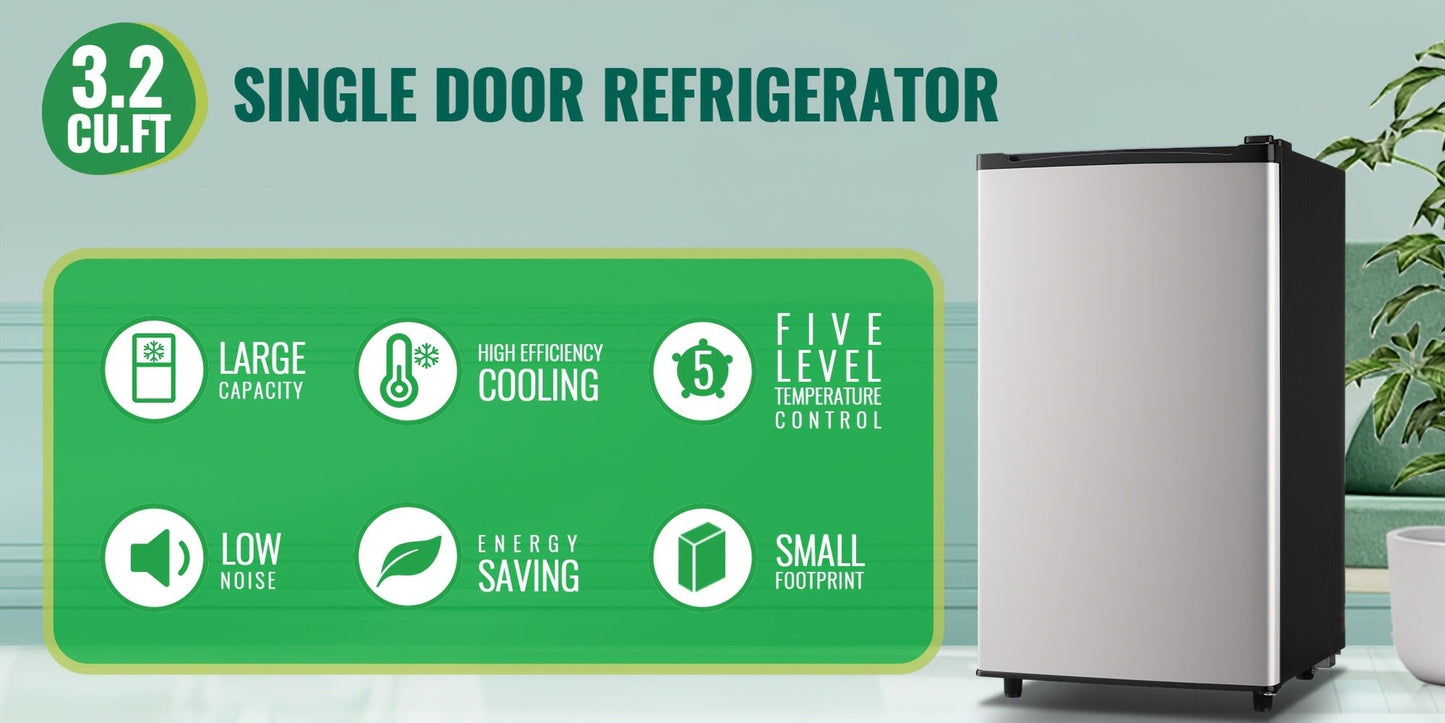 Compact Refrigerator, 3.2 Cu Ft Single Door Mini Fridge with 4-Layer Storage, Removable Shelves, Crisper Drawer & Adjustable Temperature – Quiet Energy-Efficient Small Fridge for Dorm, Office, Apartment and Bedroom