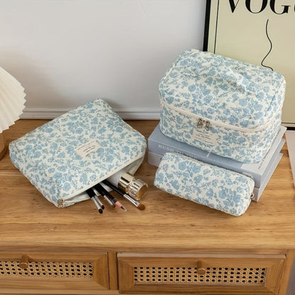 Quilted Makeup Bag Set 3 Pcs Floral Pattern Large Capacity Travel Cosmetic Organizer with Gold Zipper — Polyester Skincare Toiletry Pouch Blue Pink Peacock for Women