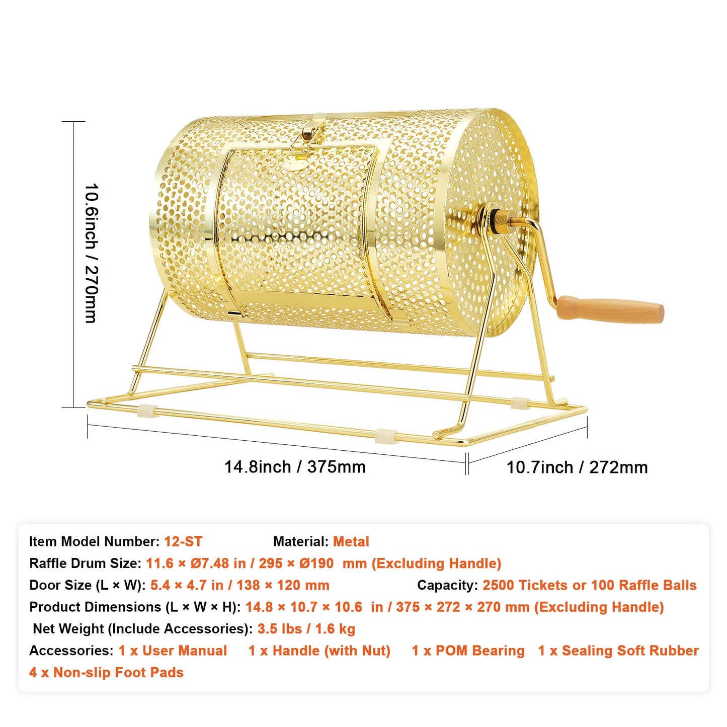 Raffle Drum Spinning Cage 12 Inch – Brass Plated Metal Lottery Ticket Drum with Wooden Handle, Holds 2500 Tickets or 100 Ping Pong Balls, for Bingo Ballot Party Events Fundraisers Trade Shows