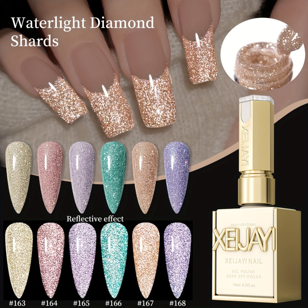 Diamond Glitter Gel Polish Set 6 Colors Sparkling Shine Finish Alcohol-Free | Soak-Off UV LED Long-Lasting Chip-Resistant Nail Art Kit | Women DIY Home Salon Manicure Holiday Party Gift