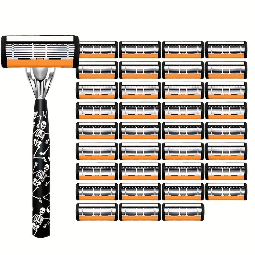 Safety Razor for Men 7-Layer Progressive Blades — Non-Slip Stainless Steel Handle Classic Double Edge Razor for Beard & Mustache Grooming, 1 or 2 Handle + 15–36 Blade Pack Options