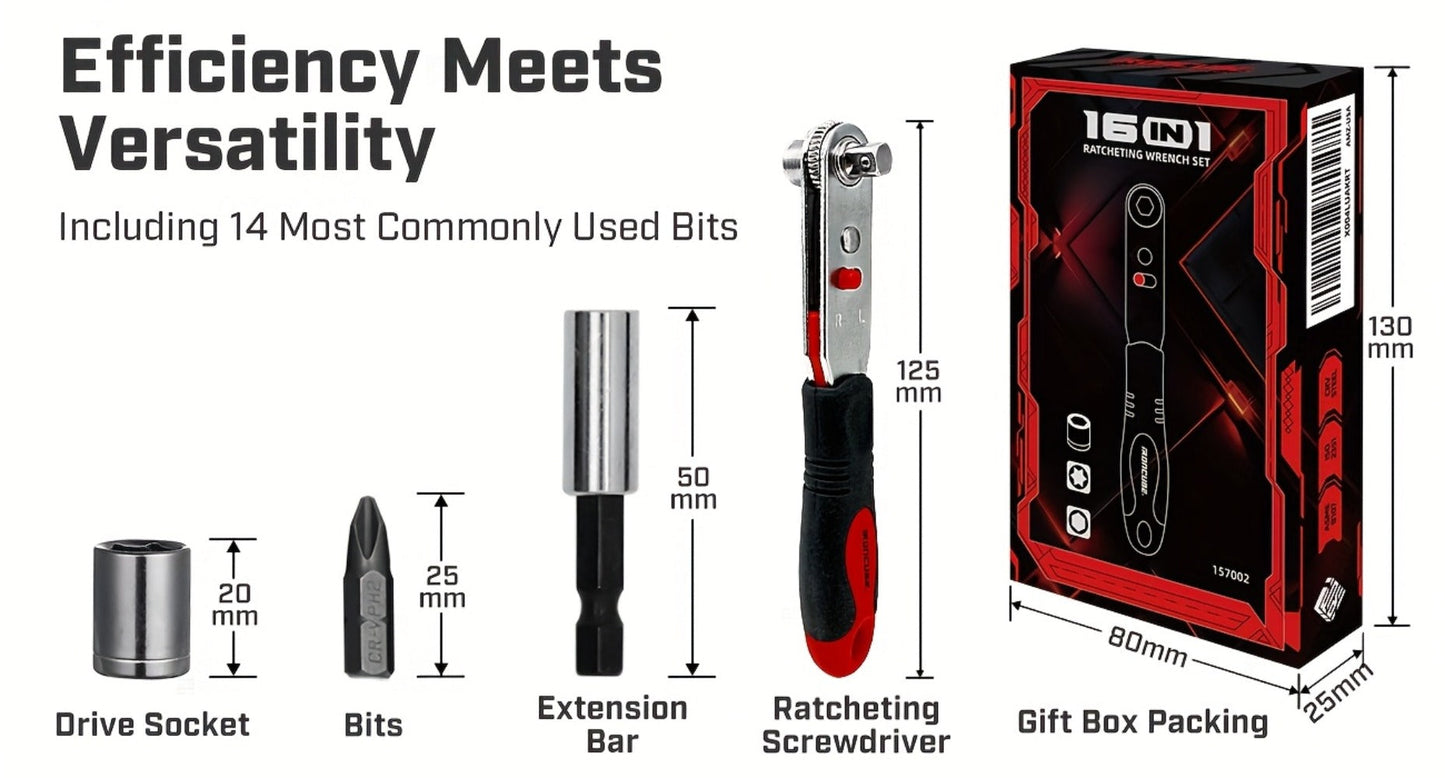 Ratchet Angle Screwdriver Set 10-in-1 & 16-in-1 – Magnetic Multi-Bit Right Angle Screwdriver for Tight Spaces, DIY, Bike Repair & Home Maintenance, Compact Flexible Tool Kit