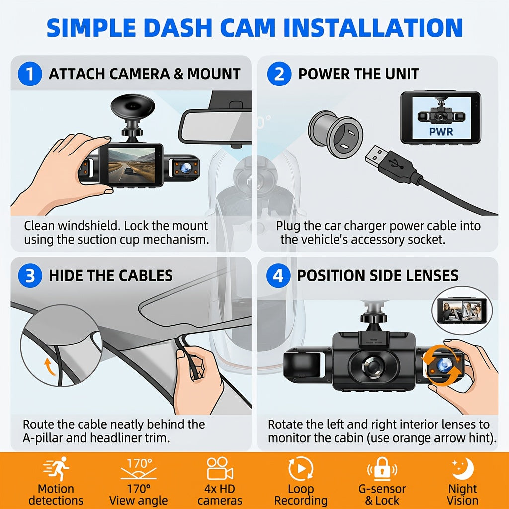 Multi-Angle Dash Cam with Four Lenses (Front, Rear, Left, Right), 1080P HD, Wide-Angle Lens, Night Vision, 24-Hour Parking Mode (Memory Card Not Included)