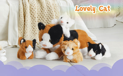 Cat Stuffed Animal Plush Set Mommy Cat with 4 Baby Kittens – Soft Cuddly Cat Family Toy Gift for Kids, Mother's Day Birthday Christmas Holiday Bed Sofa Decor