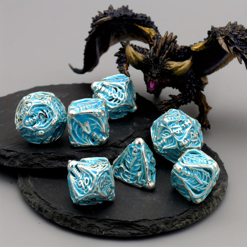 Metal Skull Dice Set 7pcs Glow in the Dark – Hollow UV Fluorescent Polyhedral DnD RPG Dice for Dungeon Masters, Skeleton Design Blue, Tabletop Gamer Gift Halloween Christmas Birthday