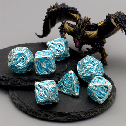Metal Skull Dice Set 7pcs Glow in the Dark – Hollow UV Fluorescent Polyhedral DnD RPG Dice for Dungeon Masters, Skeleton Design Blue, Tabletop Gamer Gift Halloween Christmas Birthday