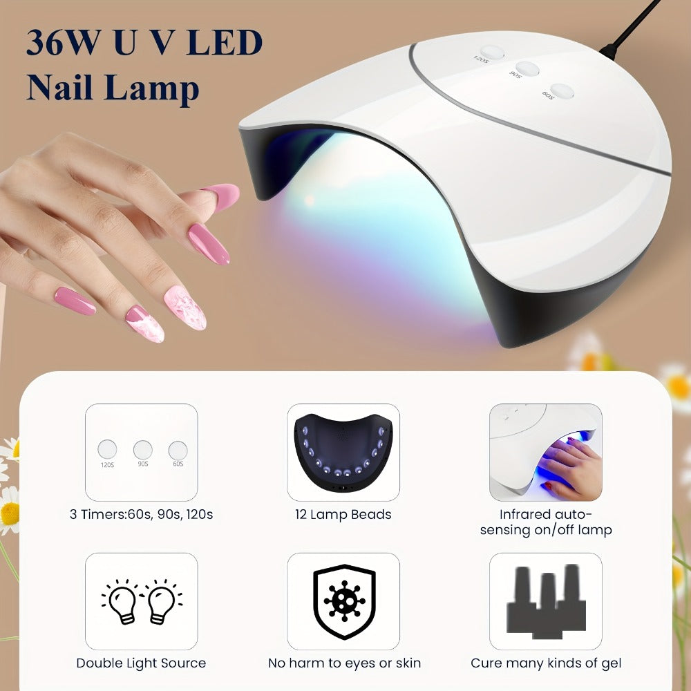 Gel Nail Polish Kit 36 Pieces with 36W UV LED Nail Lamp — Pink Red Purple Black Brown Blue Gel Polish Colors & Complete Manicure Tools Set for Home Salon Nail Art Women