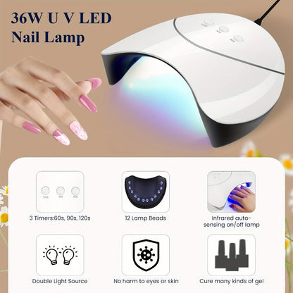 Gel Nail Polish Kit 36 Pieces with 36W UV LED Nail Lamp — Pink Red Purple Black Brown Blue Gel Polish Colors & Complete Manicure Tools Set for Home Salon Nail Art Women