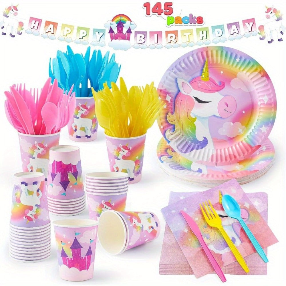 Unicorn Party Supplies 145 Pcs for 24 Guests – Disposable Tableware Set with Plates Cups Napkins Cutlery & Happy Birthday Banner for Unicorn Theme Birthday Party Decorations & Celebrations