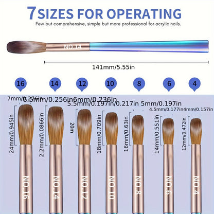 Nail Art Brush Set 7Pcs Aurora Blue Handle – Professional Acrylic Gel UV Nail Painting Brushes for Sculpting Dotting Liner Drawing & Extension Building, Formaldehyde-Free Bristles for Salon & Home DIY Manicure