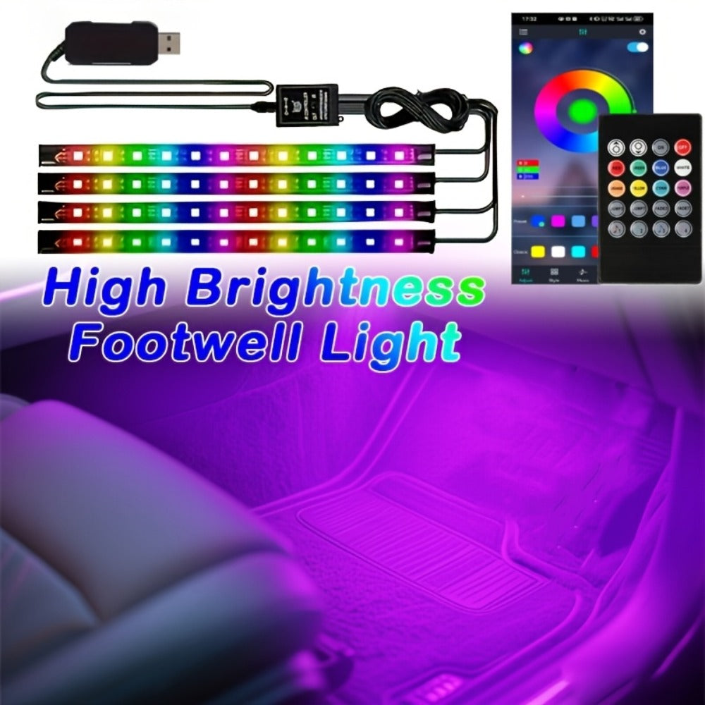 RGB Car Footwell LED Light Kit, USB Powered 5V Multicolor Interior Ambient Light Strip, DIY Under-Seat Car Seat Illumination Kit for All Vehicles, 4pcs Neon Atmosphere Lights