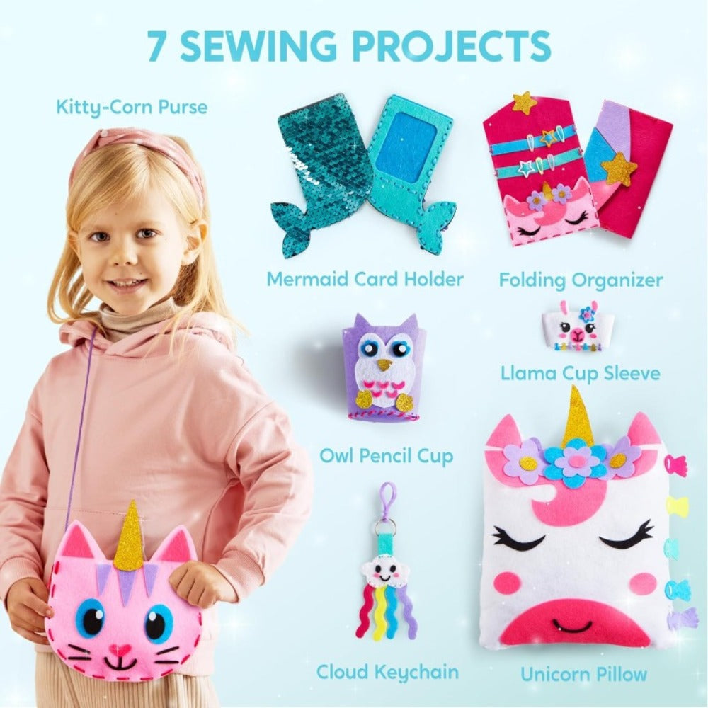 Kids Sewing Kit for Beginners 7 Felt Craft Projects – Pre-Punched Holes Safe Needles Mini Pillow Keychain Card Holder Cup Sleeve, STEM Life Skills Gift for Girls Boys Ages 6 7 8 9 10