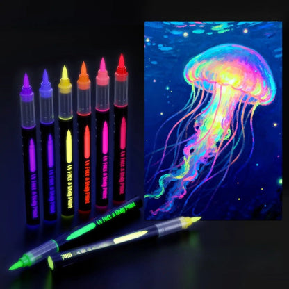 Neon Body Face Paint Pens Set of 8 – Glow-in-the-Dark UV Reactive Markers for Temporary Tattoos, Party Makeup, Mardi Gras, Music Festivals, Masquerade & Halloween