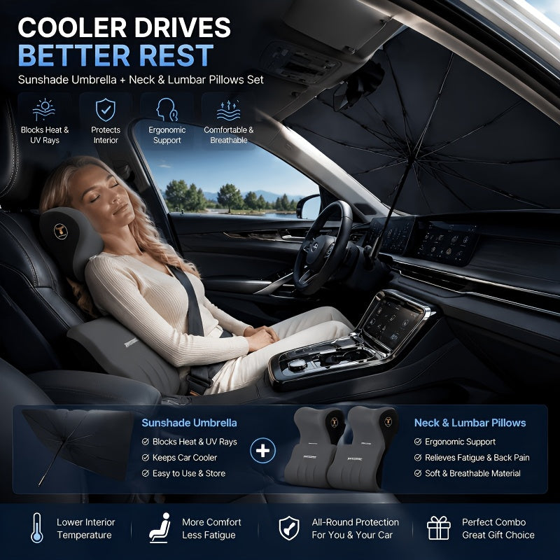 Premium Comfort Car Accessories, All-in-One Car Comfort Kit: Windshield Sun Shade + Memory Foam Neck Pillow & Lumbar CushionThis 2pcs Memory Foam Car Headrest And Lumbar Support Set Cools Down Your Car Interior, Eases Neck Tension And Delivers