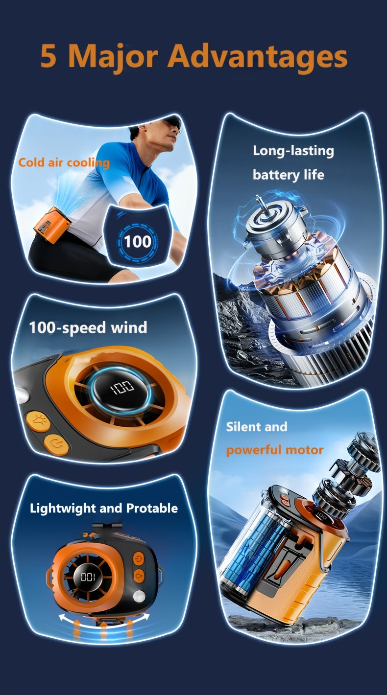3-In-1 Portable Waist-Hanging Fan, Cooling And Heat Relief Fan for High-Temperature Outdoor Construction Sites, Rechargeable Small Fan with Digital Display, 3600Mah Long Battery, LED Flashlight, Camping Stuff, an Emergency Power Bank