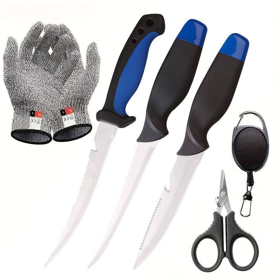 Fishing Knife Set 3-Piece Stainless Steel Fillet Boning Knife with Cut Resistant Gloves Fishing Line Cutter Stretch Rope for Fishing Camping Carving