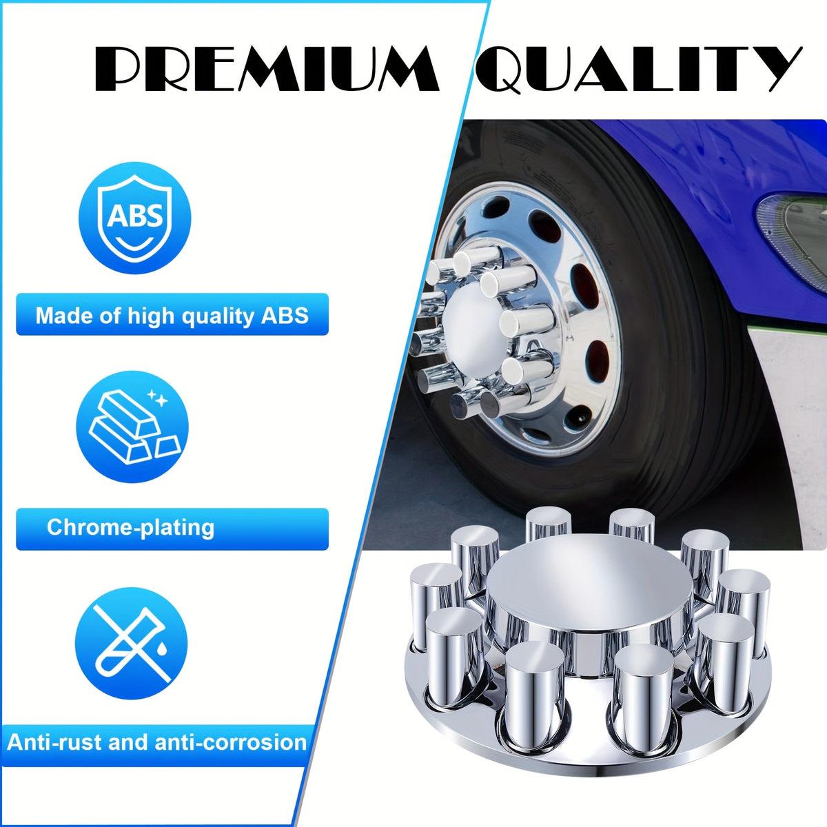 ABS Chrome Plastic Front And Rear Axle Cover Kits with 33mm Thread-on Flange Nut Covers for Semi Trucks In Pairs (Flat Top Front 2 Set & Whole 2+4 Set)