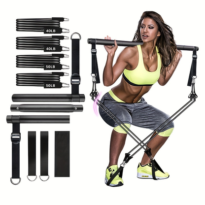 3-Section Pilates Bar Kit – 4 TPE Resistance Bands (40-50 lbs), 2 Ankle Straps & Storage Bag for Legs, Hips, Waist & Arm Yoga Stretching Fitness